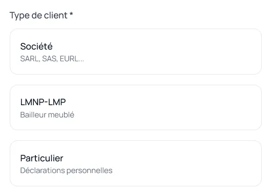 Vue des types de dossiers Sociétés, LMNP et Particuliers