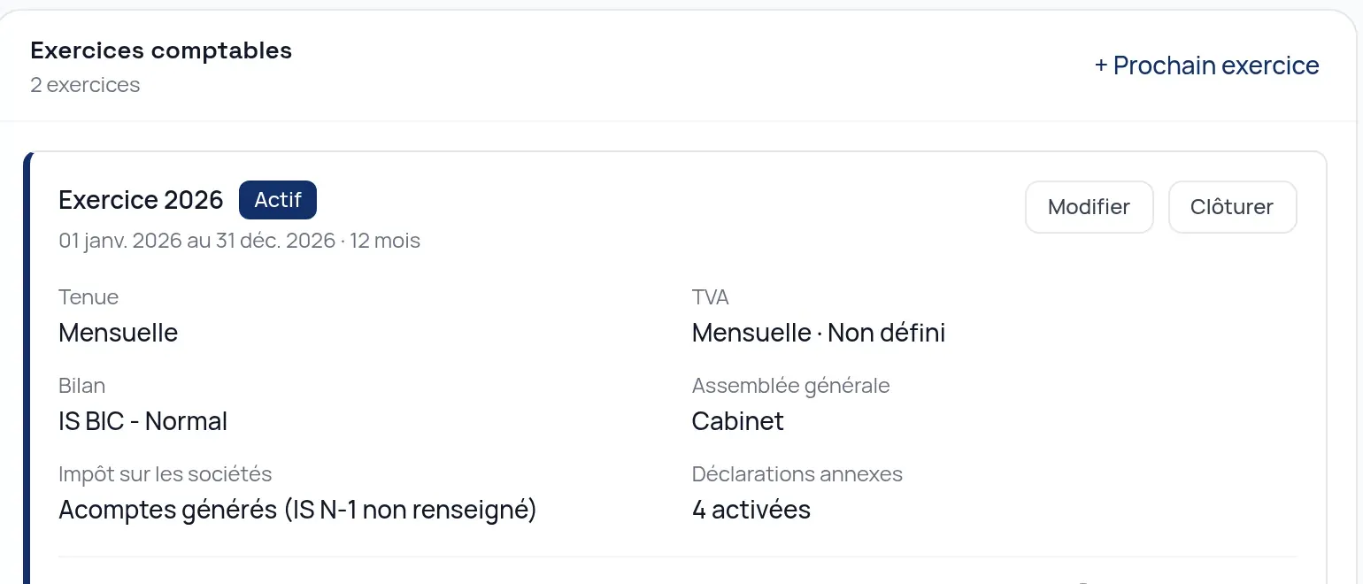 Configuration de l'exercice 2026 d'un dossier : tenue, TVA, bilan, assemblée générale, acomptes d'IS et déclarations annexes